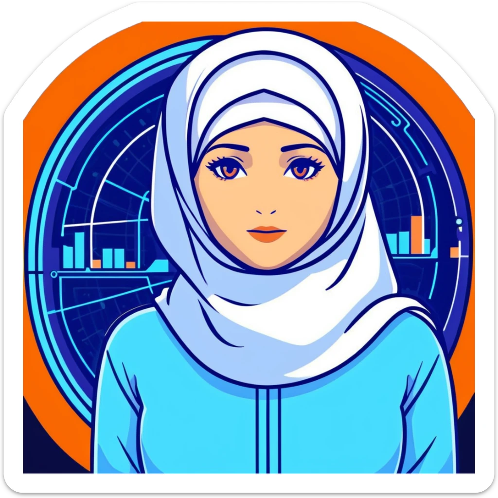 woman with white hijab in blue outfit, gazing forward, encircled by futuristic holographic screens displaying AI visualizations, quantum data patterns, circuit networks, high-tech metaverse elements sticker