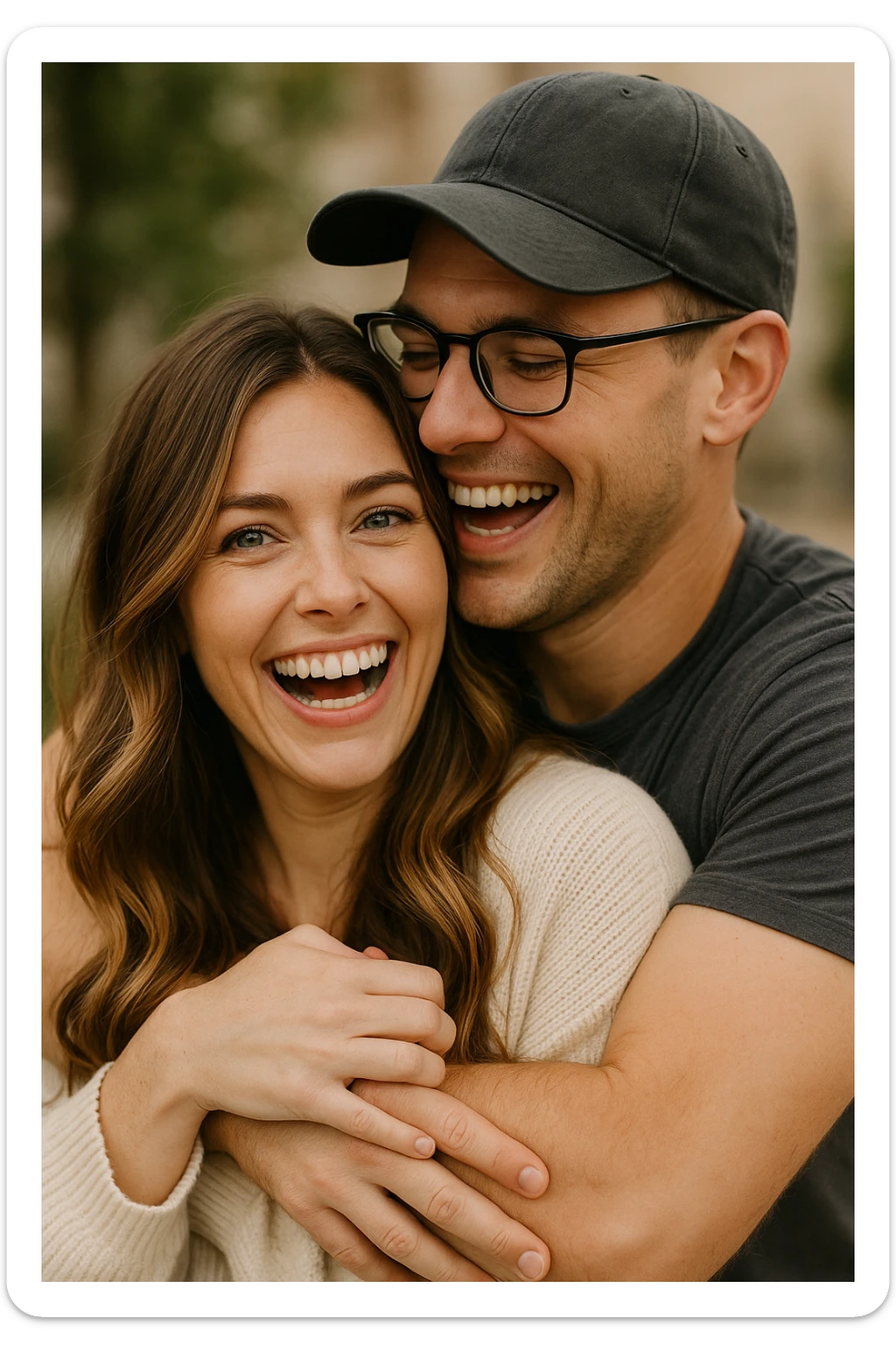 A romantic scene: a woman with green eyes and long brown-blonde balayage hair is held by a man with strong arms, brown eyes, a cap, glasses, very short dark chestnut hair, and light skin. Both are laughing. sticker