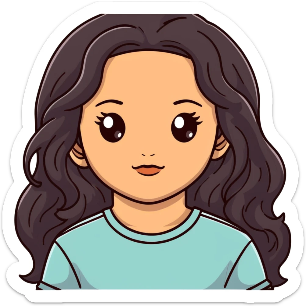 strong girl with brown eyes, flesh-colored skin, long slightly wavy black hair sticker
