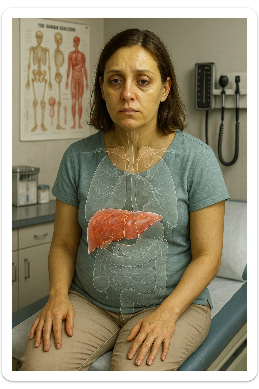 a woman in her 30s sits on a doctor’s examination table, her skin slightly yellowish (jaundice) and her expression tired. A transparent anatomical overlay highlights her liver, which appears enlarged and inflamed with a reddish, congested look. Subtle visual cues—such as dark circles under her eyes and a bloated abdomen—emphasize the symptoms of liver overload and toxicity. The background is a clinical setting, with medical charts and equipment. sticker