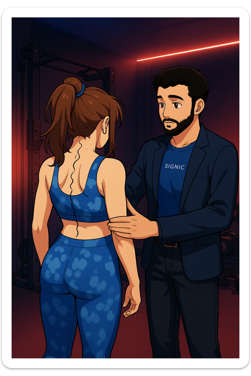 ispirati a questo stile di disegno e fai questa immagine in versione manga/webtoon a colori, il manga mostra la donna di spalle, mentre l'uomo le tocca la spina dorsale per spiegarle come funziona la scoliosi:
Con una scoliosi il baricentro corporeo cade maggiormente da un lato; per non cadere la schiena compensa accumulando tensione sul fianco opposto.
Il risultato? Si inclina e ruota sempre più, fino a che non cede (discopatie, artrosi, ecc) sticker