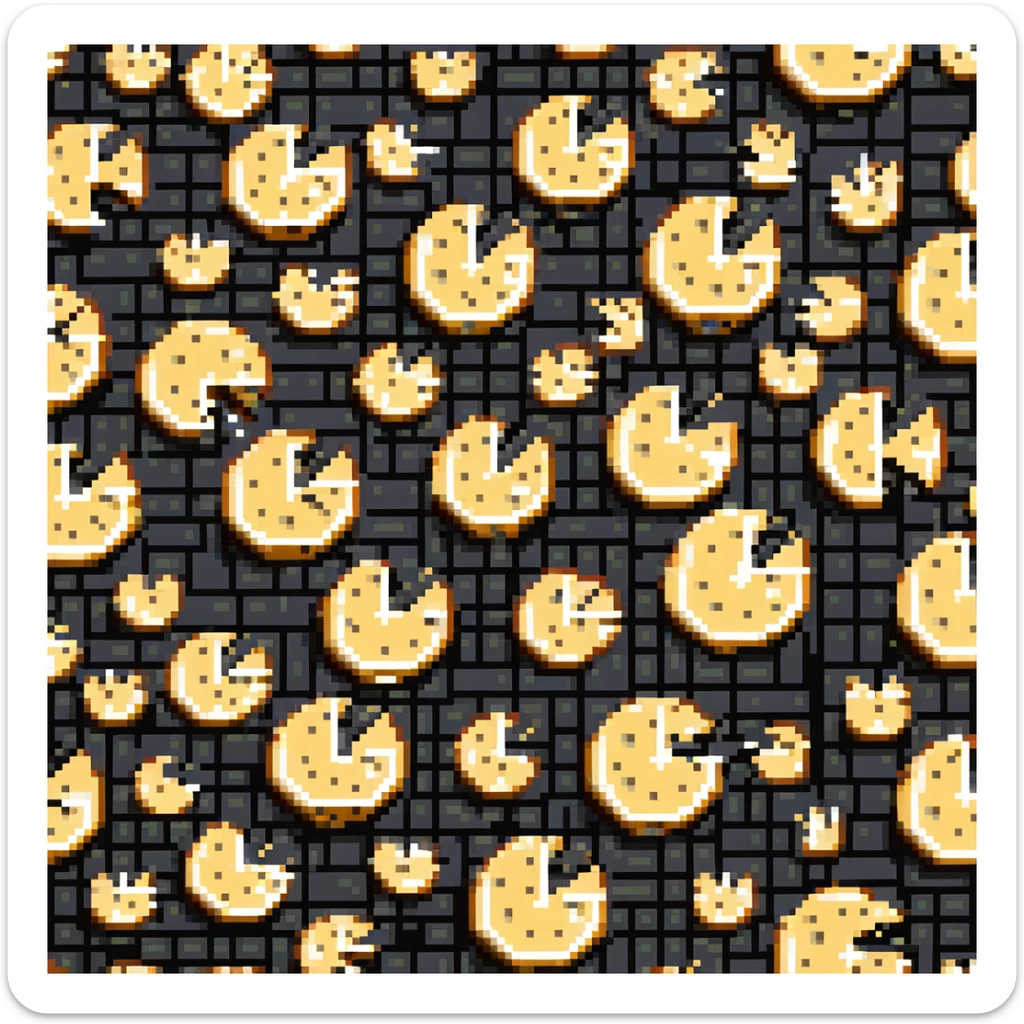 Pixel art of Swiss cheese slices as cybersecurity layers, each slice with holes, some threats passing through, digital grid background sticker