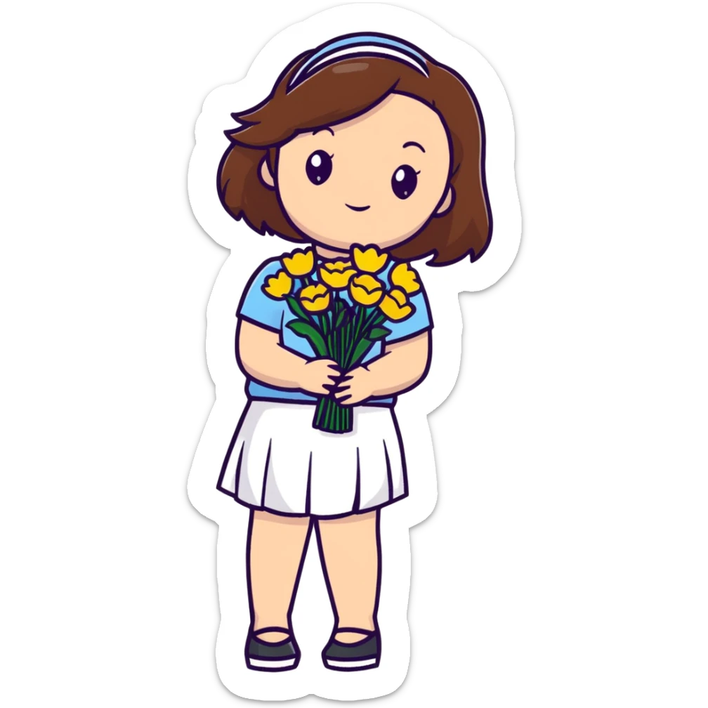 girl with brown hair wearing a white skirt holding a bouquet of flowers sticker