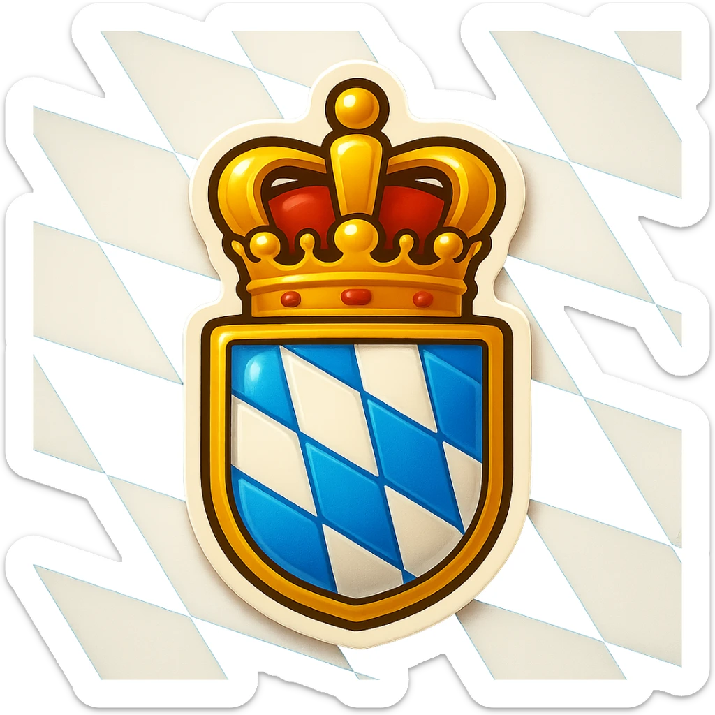 Create an emoji of the Bayern (Bavaria) coat of arms featuring the blue and white lozenges shield and crown. The style should be less cartoonish and match the retro stickers style used for the Berlin and Baden-Württemberg icons. Use the official Bavarian flag with blue and white lozenges as the full background. No text included. sticker
