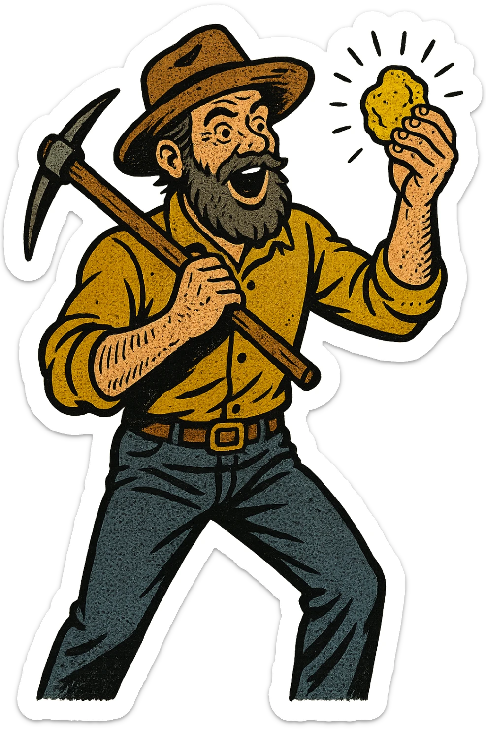 the full body of a male gold prospector from the Gold Rush who has just found a nugget of gold.  He is also holding a pick axe sticker