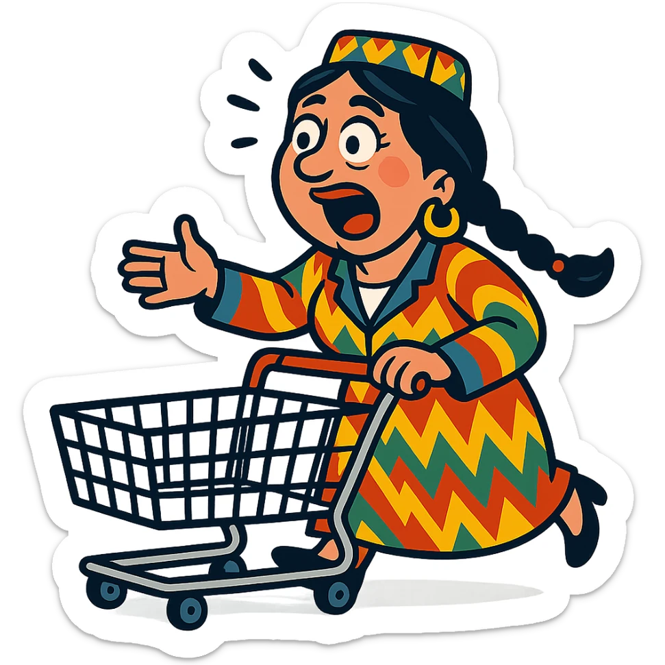 cartoonish Uzbek woman with a shopping cart, exaggerated emotions sticker