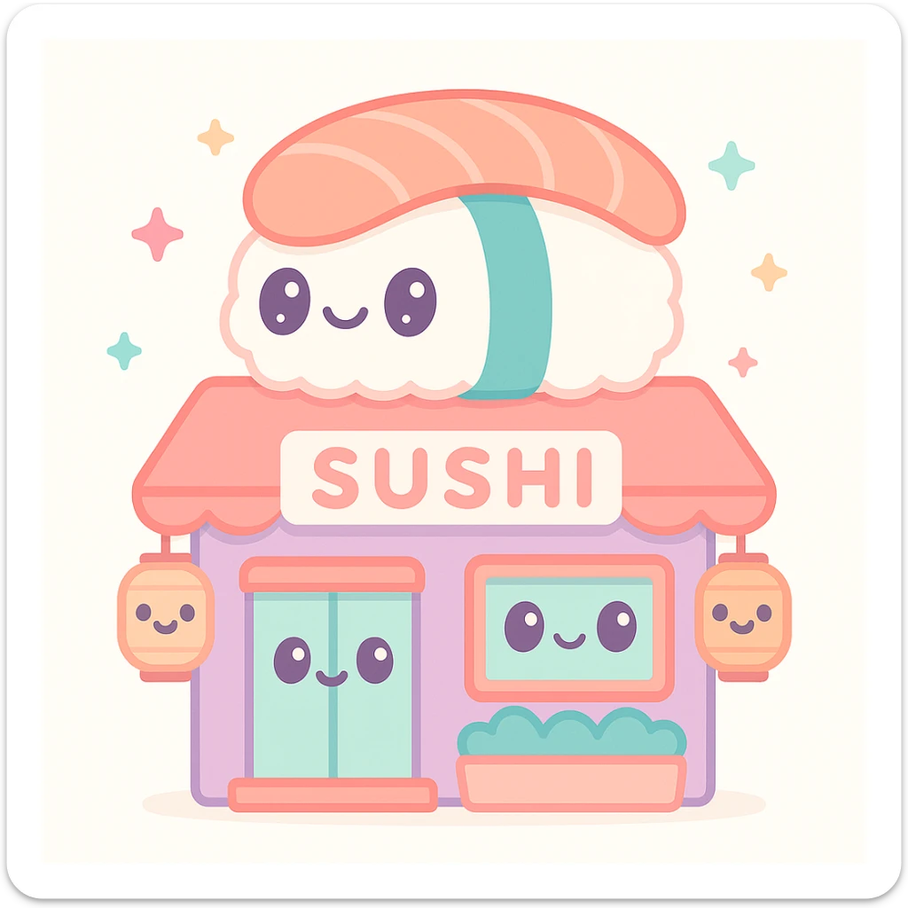 sushi house, cozy Japanese restaurant exterior, warm lighting, cute cartoon style sticker