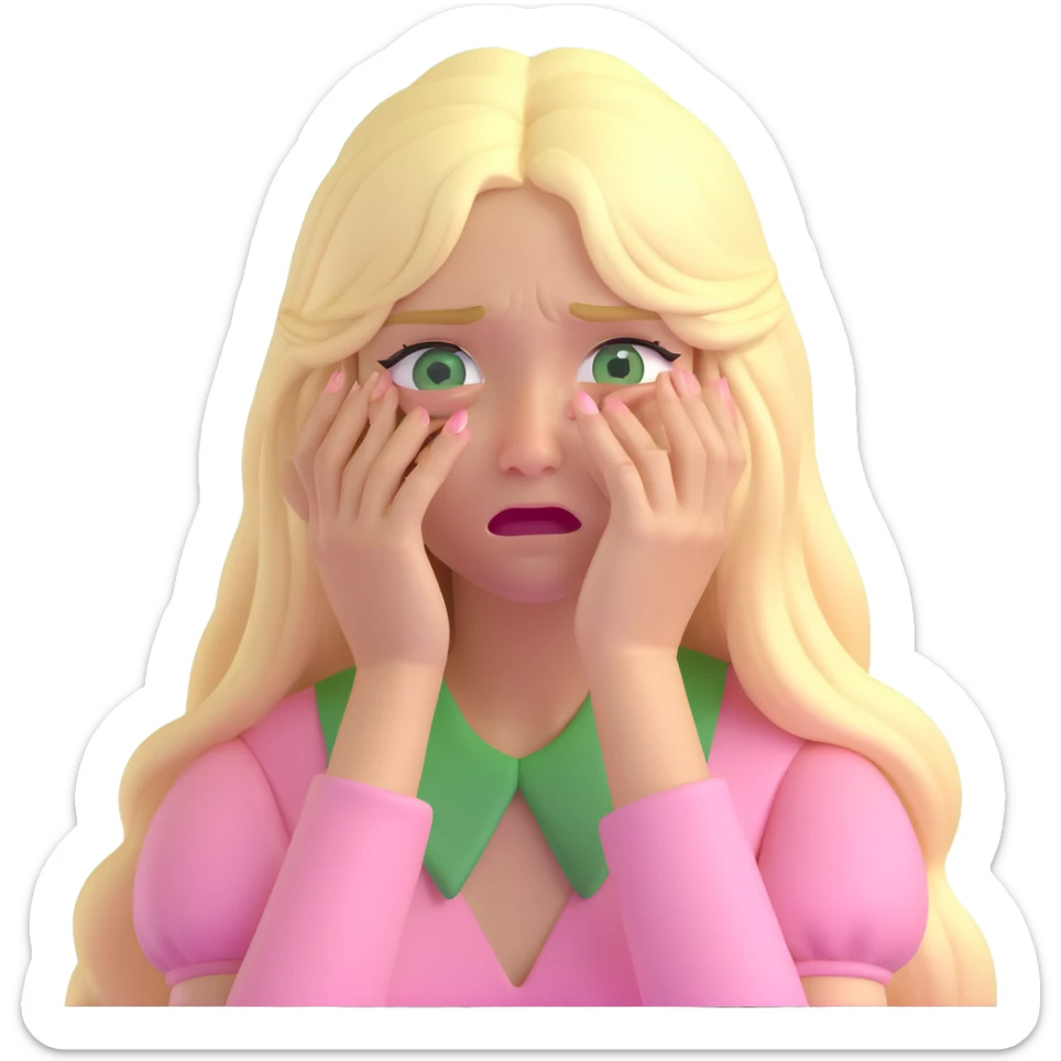 a 3d IOS realistic style emoji of a blonde with long hair and swamp eyes in a pink pastel dress crying sticker