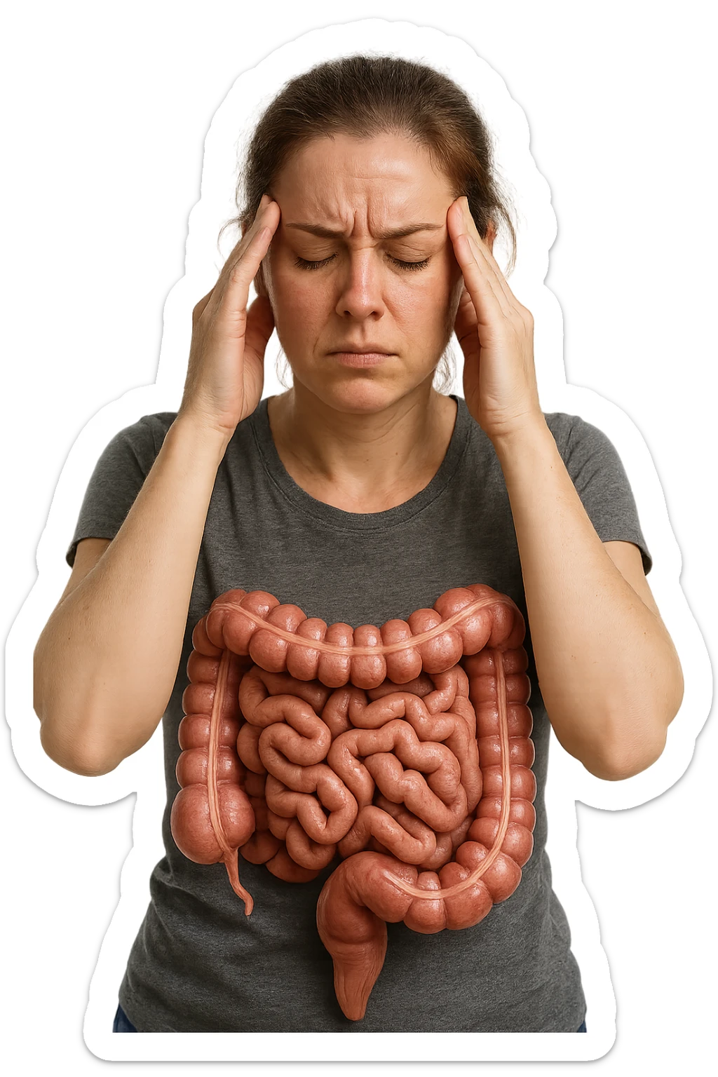 donna molto stanca e stressata che si massaggia le tempie con intestino umano anatomico realistico in evidenza, sfondo bianco, iperrealistico 4k sticker