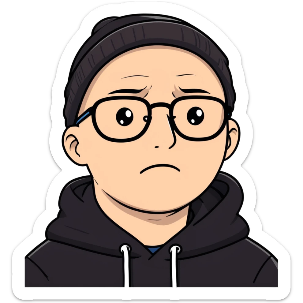 bald white guy wearing glasses, wearing a black beanie, black hoodie, crying sticker