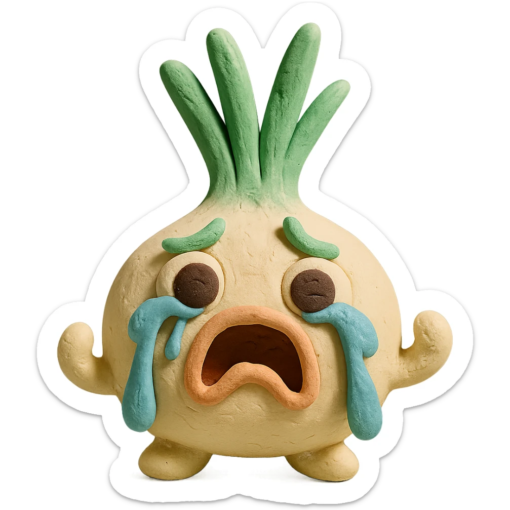 claymation green onion character, round white body, big expressive eyes, green leafy hair, dramatic crying face with streams of onion juice tears, playful and humorous pose, pastel kawaii style, visible fingerprints and soft clay textures, excellent lighting, transparent background sticker
