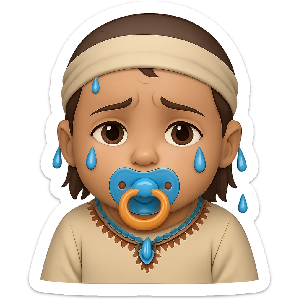 Add a pacifier to the crying Indian baby emoji. The original style is emoji style, but since emoji style does not support editing, use the general style to keep the look as close as possible with no background. sticker