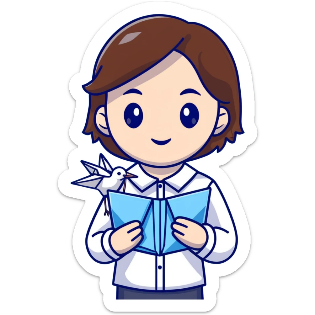 A happy Ukrainian young girl with brown hair in a white embroidered shirt holds an origami blue crane sticker