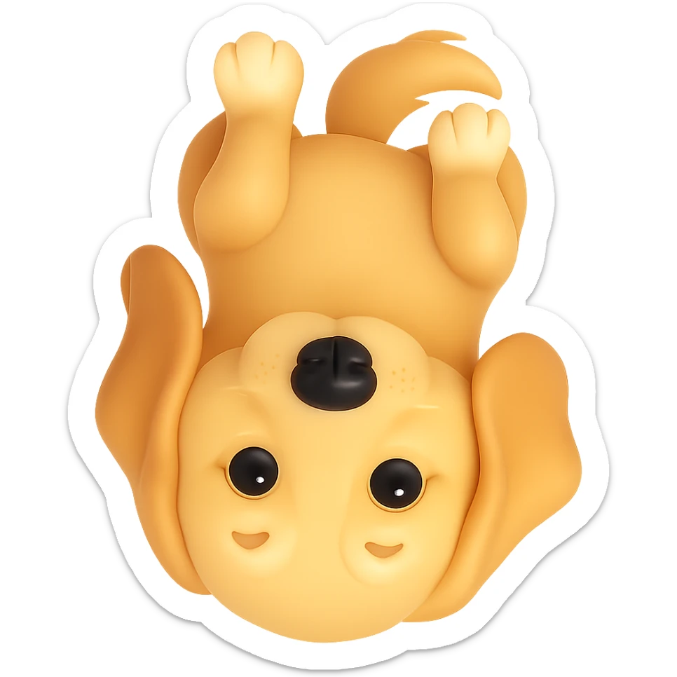 Flip the golden retriever upside down in a 3D emoji style. The original style is 3D emoji but it does not support editing, so use a general style editor while preserving the 3D emoji look and remove the background. sticker