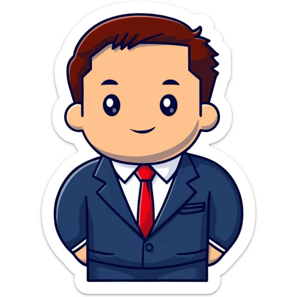 man wearing a dark blue-gray business suit with a white shirt and a red tie sticker