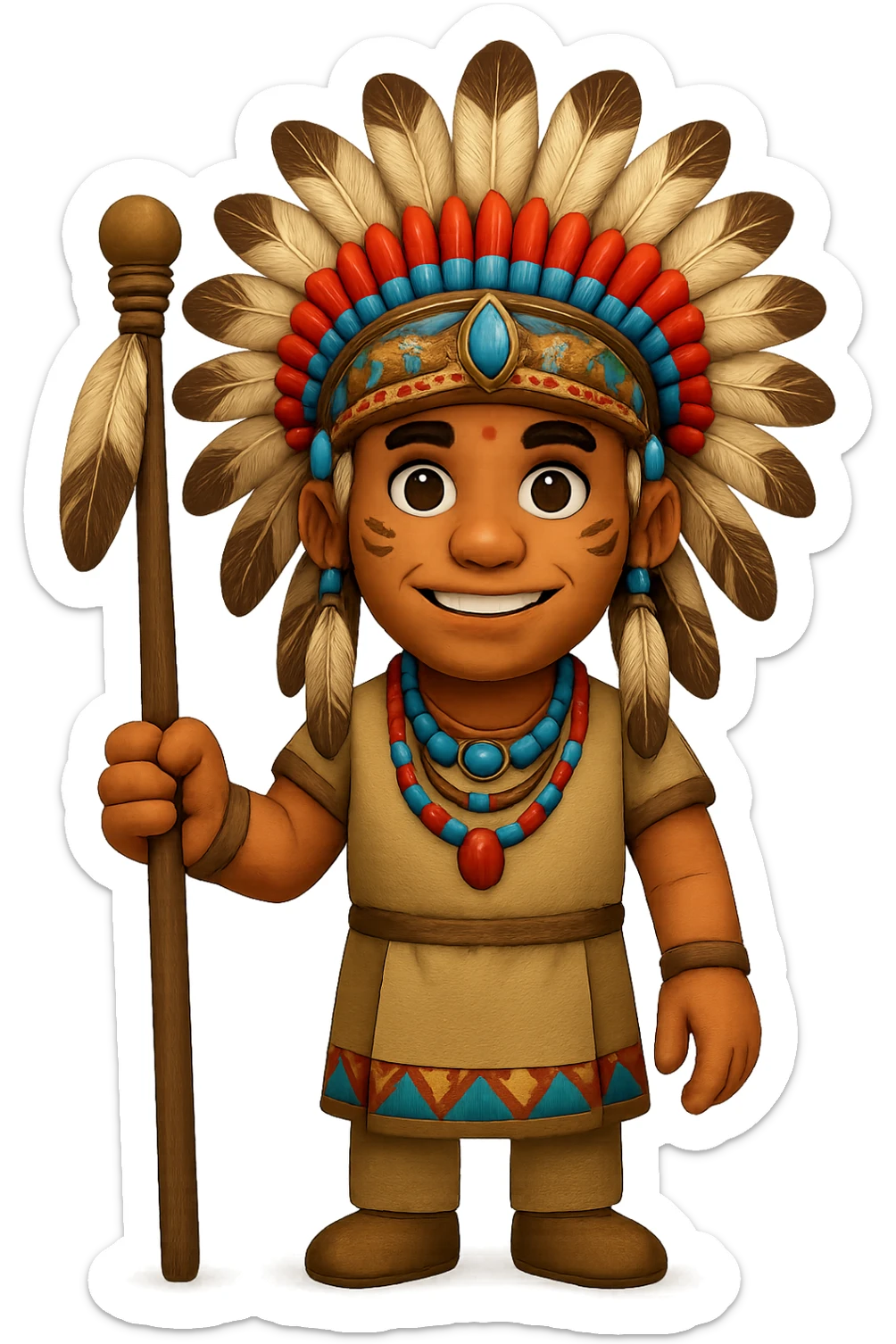 Create a full-body tribal chief standing tall, holding a ceremonial staff, wearing a feathered headdress, with a friendly expression in emoji style. Focus on capturing the emoji style characteristics in the design. sticker
