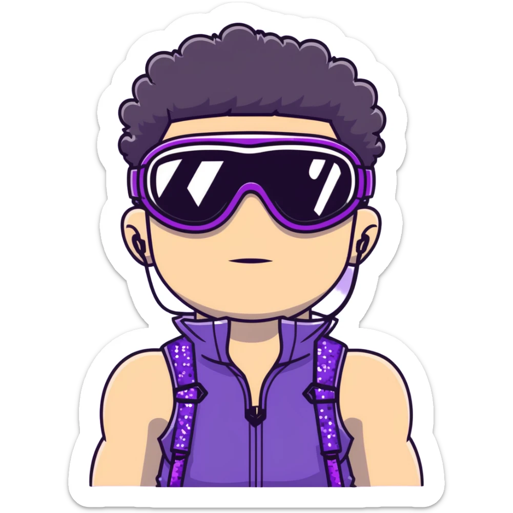 male athlete with white skin and moderately curly black hair on top with shaved sides, wearing ski goggles with purple frames and very dark black lenses, a simple plain black chain necklace, and a completely unzipped sleeveless vest with purple and black sequin fire pattern design, fully revealing his chest, shoulders and arms, no earrings sticker