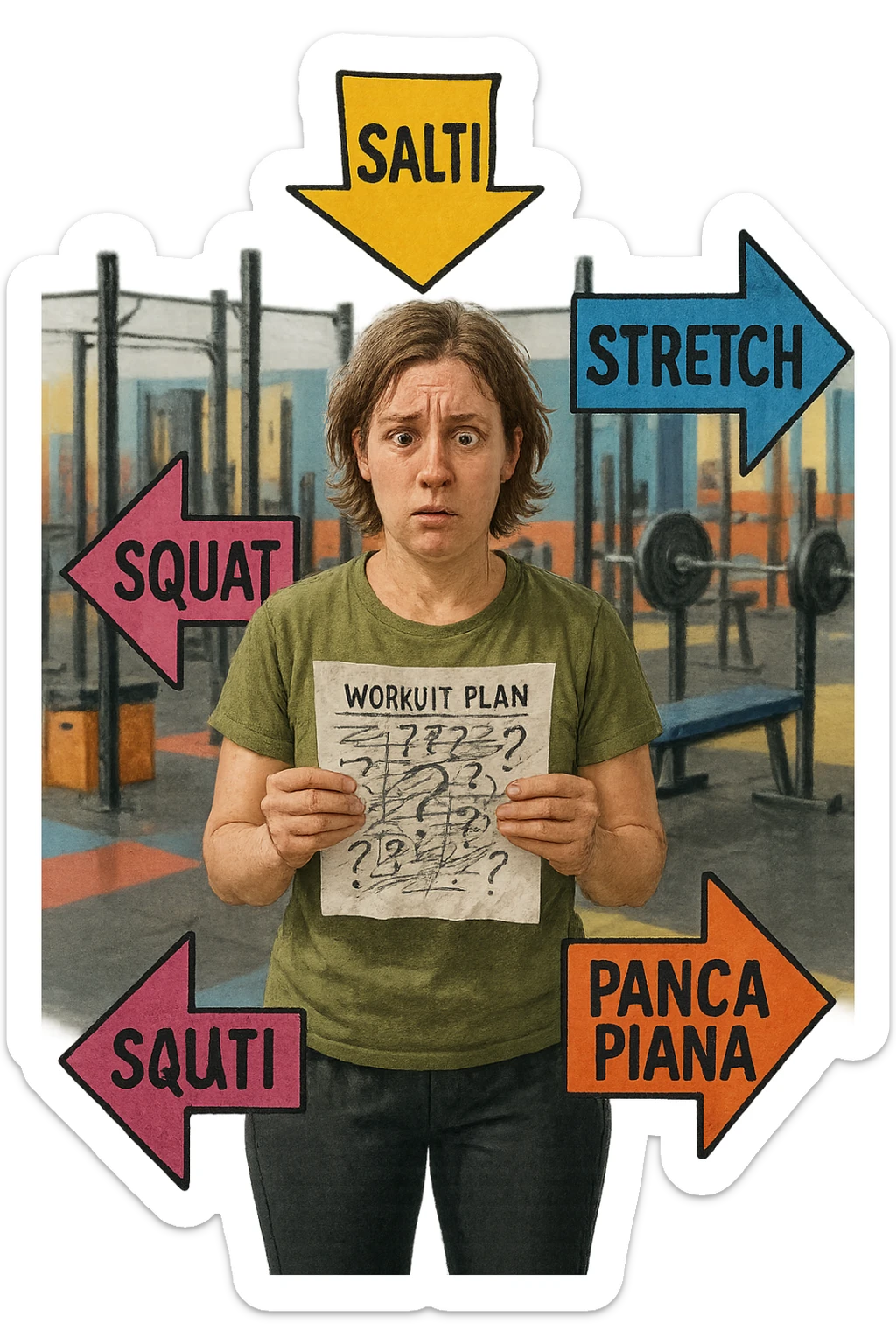 a person stands in the center of a gym, surrounded by arrows pointing in all directions, each labeled with a different exercise (e.g., “squat,” “Salti,” “stretch,” “Panca Piana”). The person looks bewildered, holding a workout plan with scribbles and question marks. The scene is colorful but visually messy, symbolizing confusion. in italiano immagine iperrealistica sticker