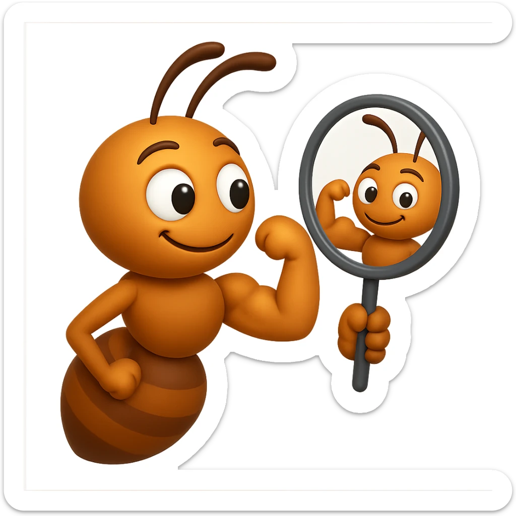 EMOJI STILE IPHONE 3D DI una formica che si guarda allo specchio felice e sicura di sè mentre contrae il suo bicipite muscoloso, fagli anche la parte bianca degli OCCHI, non solo la pupilla sticker