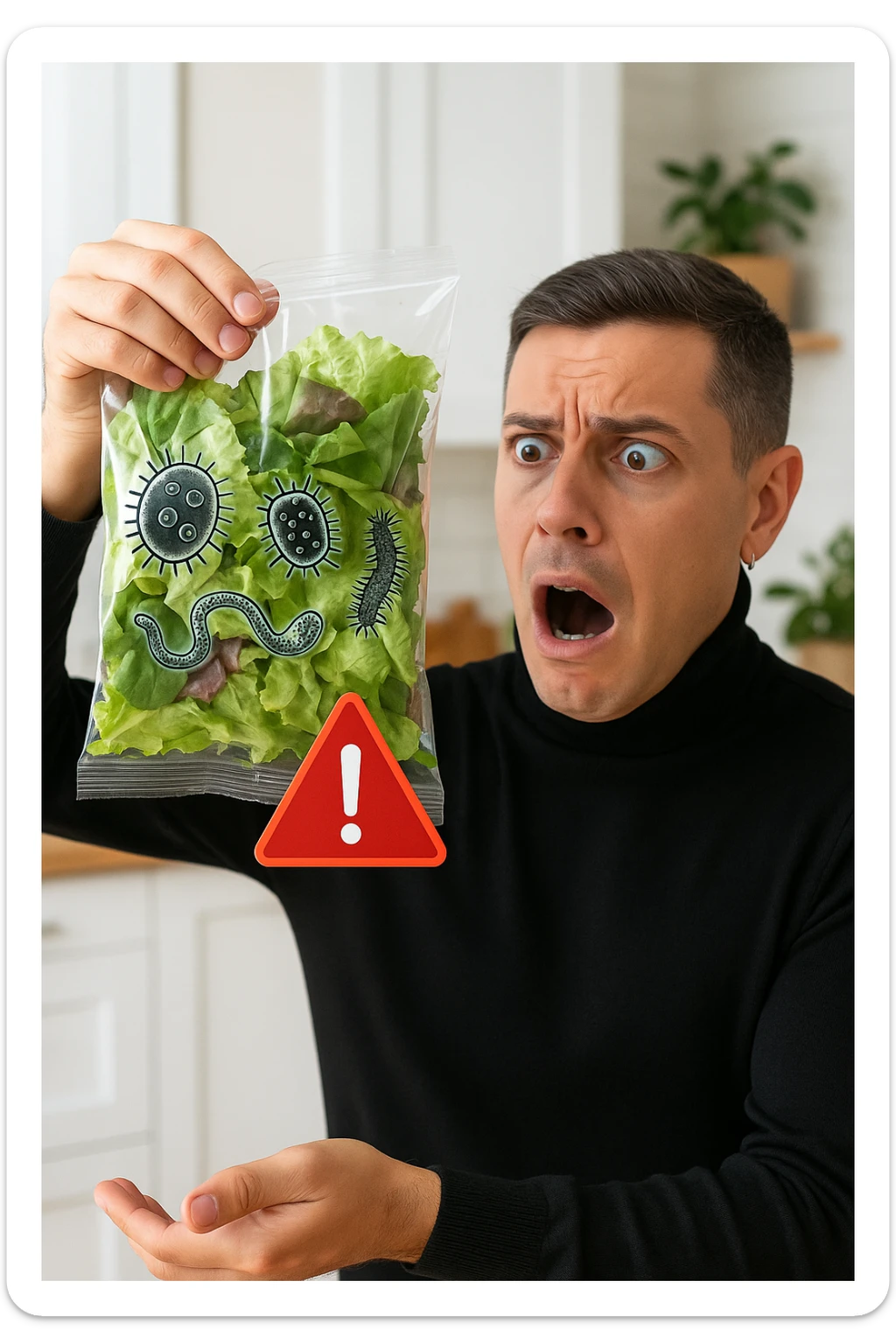 a man with a shocked expression holds a bag of salad greens up to the light. Through the clear plastic, enlarged and detailed images of various parasites and bacteria are visible among the leaves. A red warning triangle with an exclamation mark floats near the bag, emphasizing the health risk. The setting is a bright, everyday kitchen. sticker