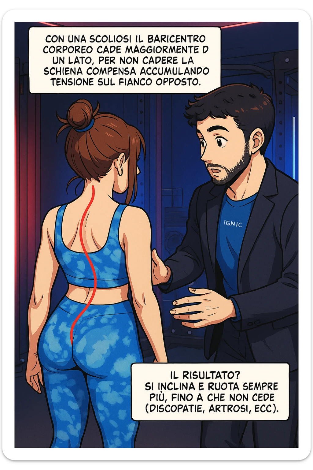 fai questa immagine in versione manga/webtoon a colori, il manga mostra la donna di spalle, mentre l'uomo le tocca la spina dorsale per spiegarle come funziona la scoliosi:
Con una scoliosi il baricentro corporeo cade maggiormente da un lato; per non cadere la schiena compensa accumulando tensione sul fianco opposto.
Il risultato? Si inclina e ruota sempre più, fino a che non cede (discopatie, artrosi, ecc) sticker