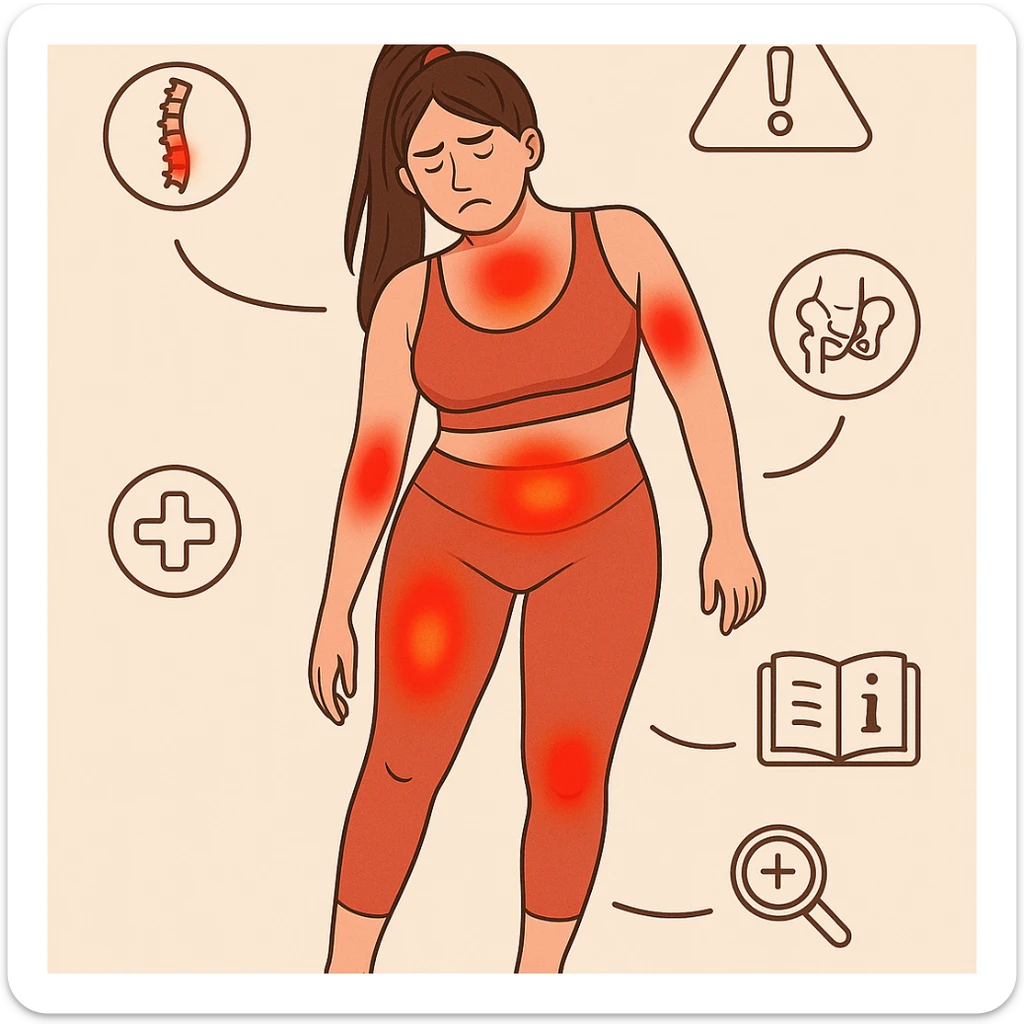 Medical infographic style illustration of a woman with asymmetric posture and tilted pelvis, visible inflammation with red and swollen areas, icons and symbols highlighting critical zones, educational atmosphere. sticker
