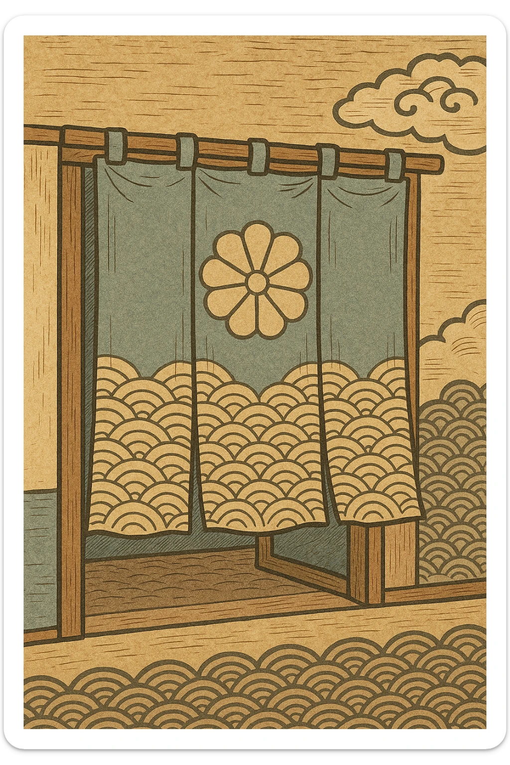 Japanese traditional fabric noren curtain, calm colors, simple pattern, Japanese style sticker