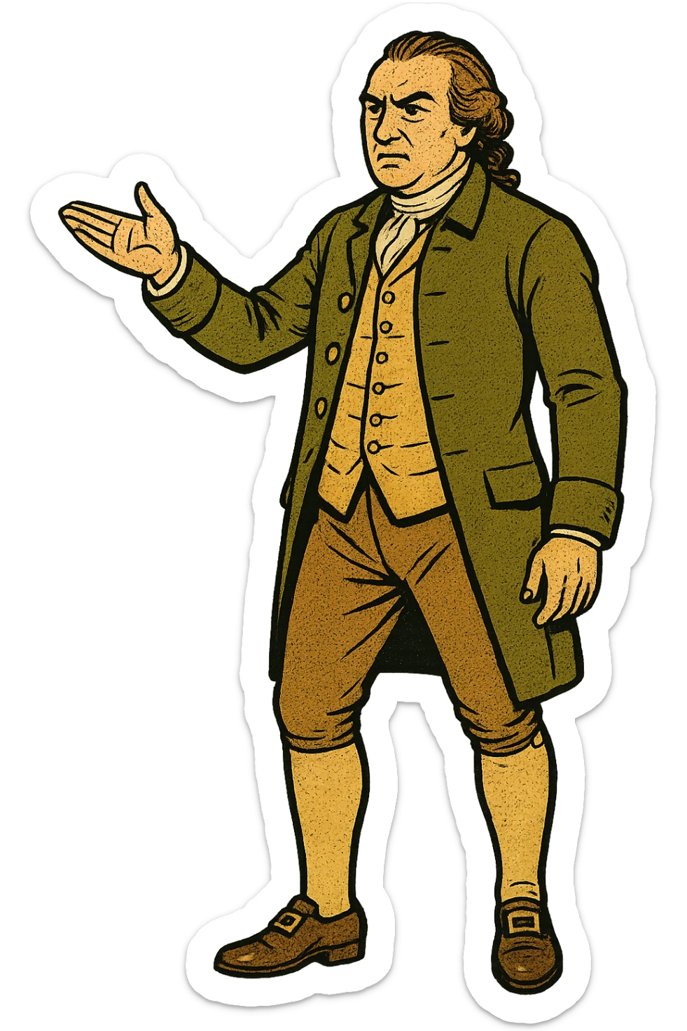 The full body of 1700s surgeon John Hunter standing with one of his arms out presenting something sticker
