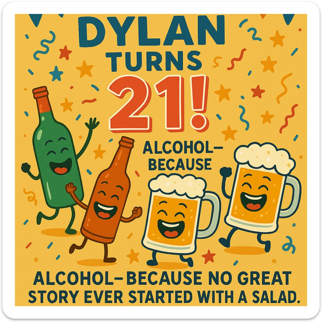 Add the funny drink quote: 'Alcohol—because no great story ever started with a salad.' Keep all original graphics and style. sticker
