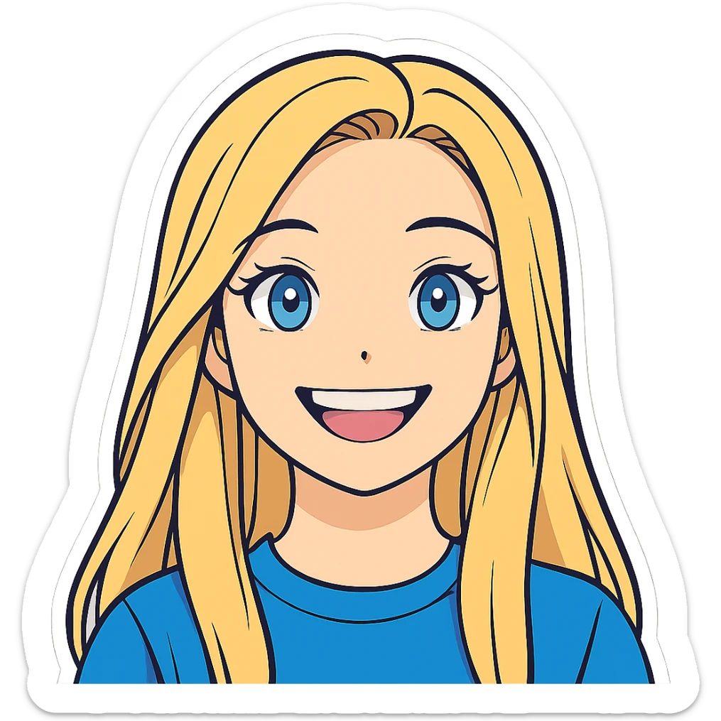 Make her smile wider in the style of sticker with transparent background. The original style 'sticker' does not support editing, so using the general style to respect the sticker look. sticker