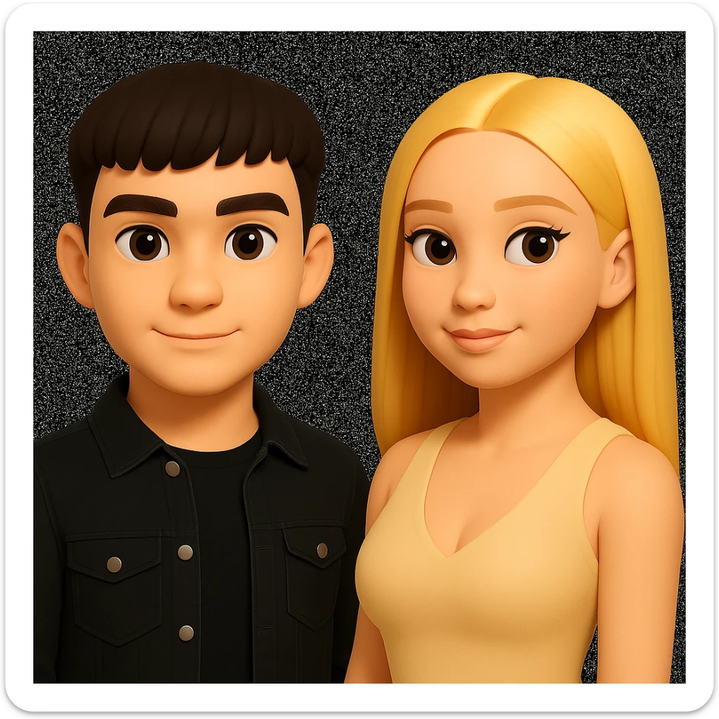 Slightly increase the volume of the upper body of the girl, separate the girl and the boy from each other, and make the skin color the same for both characters. Maintain the cartoonish 3D style as in the reference image. sticker