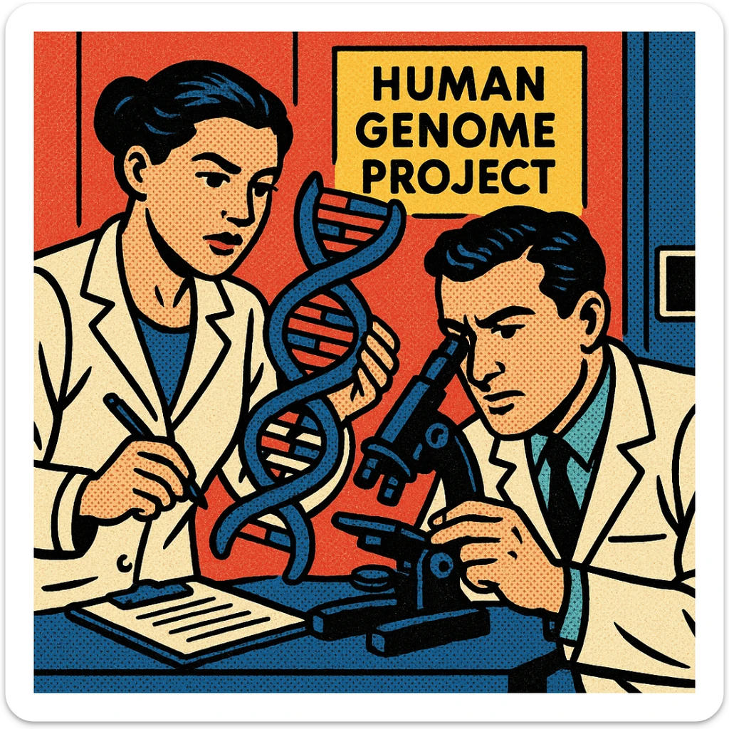 A male and female scientists carrying out medical research in a modern science lab.  A sign on the door in the background reads 'Human Genome Project' and the two scientists are studying the structure of DNA. There are computers from the 1990s in the background. sticker