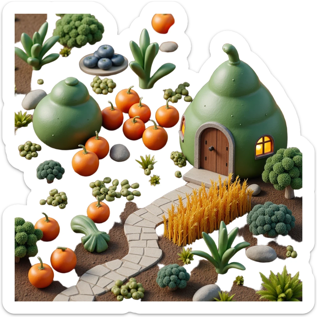 Exterior view of an alien farm with strange organic buildings shaped like alien fruits, bizarre plant forms growing from glowing soil, twisted wheat and mutated vegetables sticker