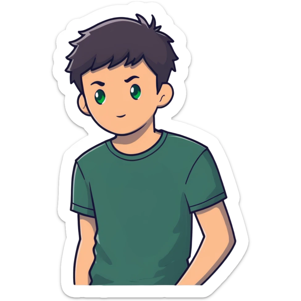 man with dark messy short hair, dark green eyes, wearing a gray t-shirt sticker