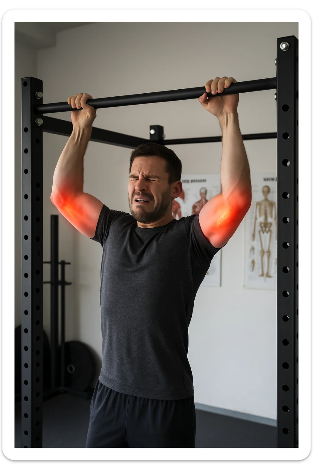 a man in athletic wear esegue una trazione alla sbarra in palestra. I suoi gomiti sono evidenziati con un alone rosso acceso o un effetto glow, indicando infiammazione. Un’espressione di dolore è visibile sul suo volto. Sullo sfondo, attrezzi da palestra e poster anatomici. L’atmosfera è educativa e realistica. sticker
