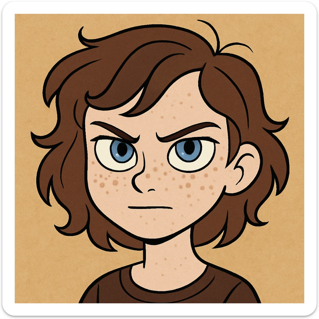 cartoon style girl with dusty brown hair, sharp blue eyes, pale skin with freckles sticker