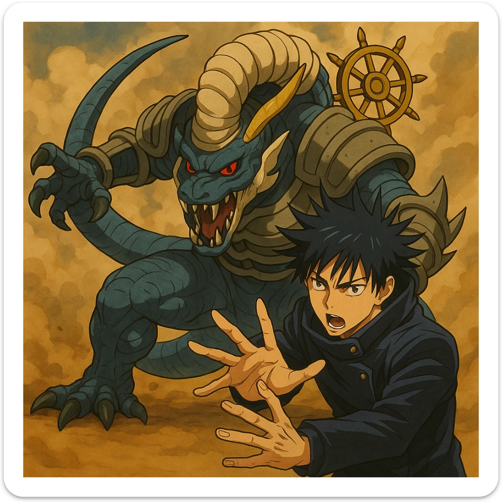 Add Megumi Fushiguro in a summoning pose next to Mahoraga in a dynamic anime style, keeping a detailed look with both characters visible. sticker