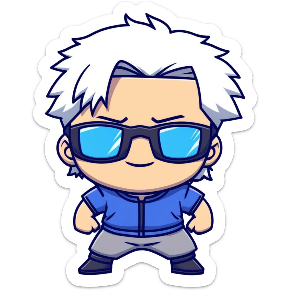 Satoru Gojo from Jujutsu Kaisen, white hair, dark sunglasses, confident smirk, blue eyes, chibi face proportions, energetic expression sticker