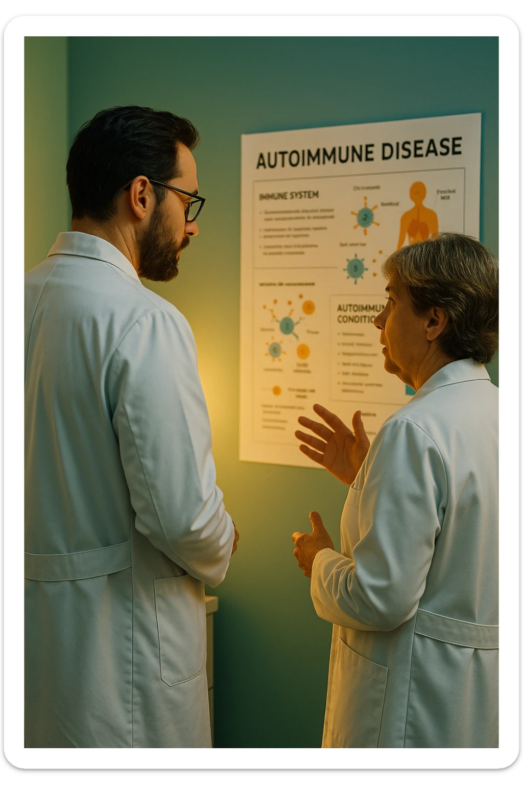 Realistic, detailed photo taken from behind of two doctors—a bearded man and a middle-aged woman—standing and facing each other as they discuss an autoimmune disease diagnosis in front of a medical chart that displays information about the immune system and autoimmune conditions. The scene is illuminated by a yellowish, orange, warm light that softly envelops the doctors. The entire room is bathed in a single green-blue color, creating a cohesive and modern atmosphere. Both doctors wear white coats, and their body language suggests a serious, professional conversation about the complexities of autoimmune diseases. Shot with a Canon EOS R5, with high detail and natural depth of field. in italiano sticker