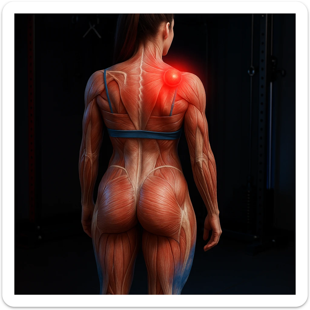 Anatomical hyperrealistic 4K view of a woman from the back in a gym environment, showing a muscle contracture as a clearly visible knot on the left side of the upper back muscles, translucent muscles and skin, with a red halo. Knot positioned higher. sticker