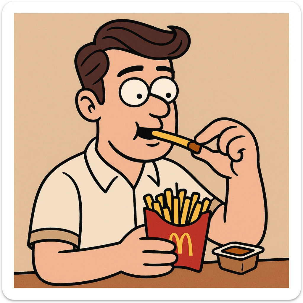 Side oil head brown hair white shirt beige shirts  eating mcdonalds fries some sauce sticker