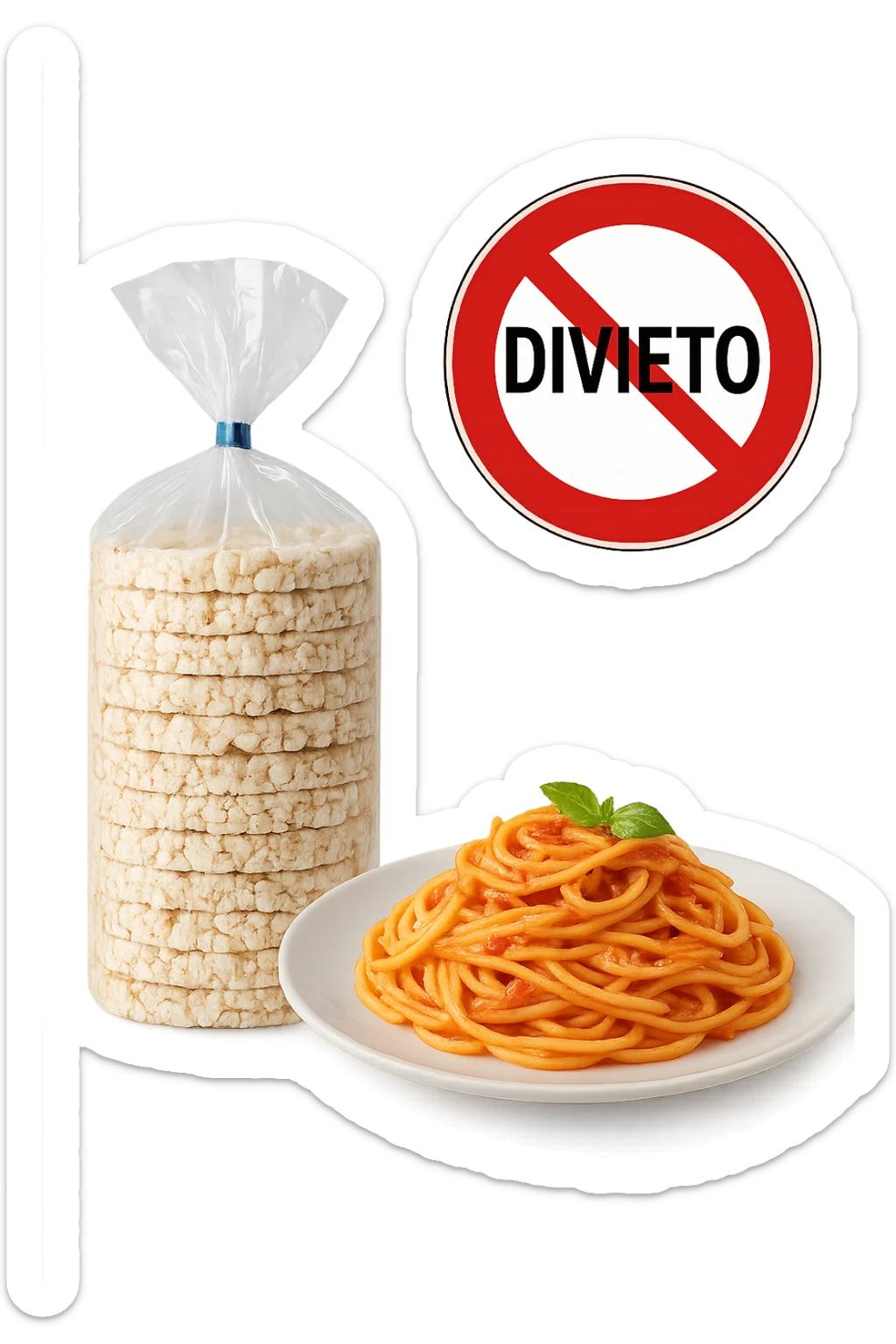 confezione di gallette di riso con accanto un piatto di pasta con divieto sopra, in italiano,  realistici sticker