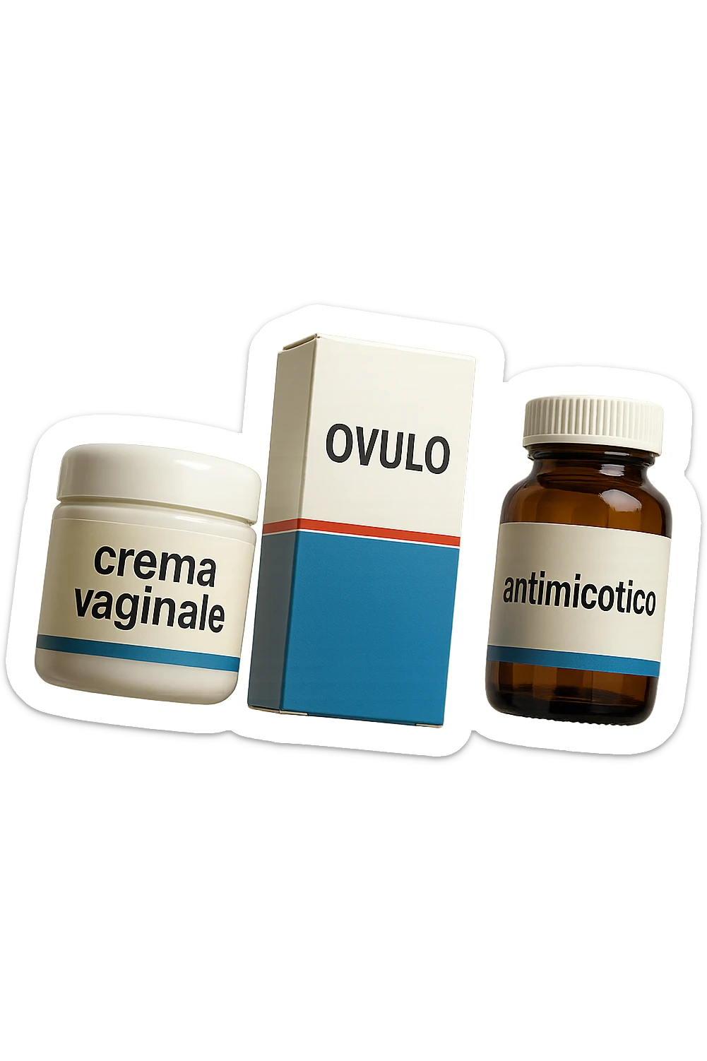 un barattolo di crema con la scritta "crema va**ale", una scatola con farmaco con la scritta "ovulo", un barattolo di farmaco con la scritta "antimicotico" in italiano sulle etichette, fluttuano in aria, IPERREALISTICO 4K sticker