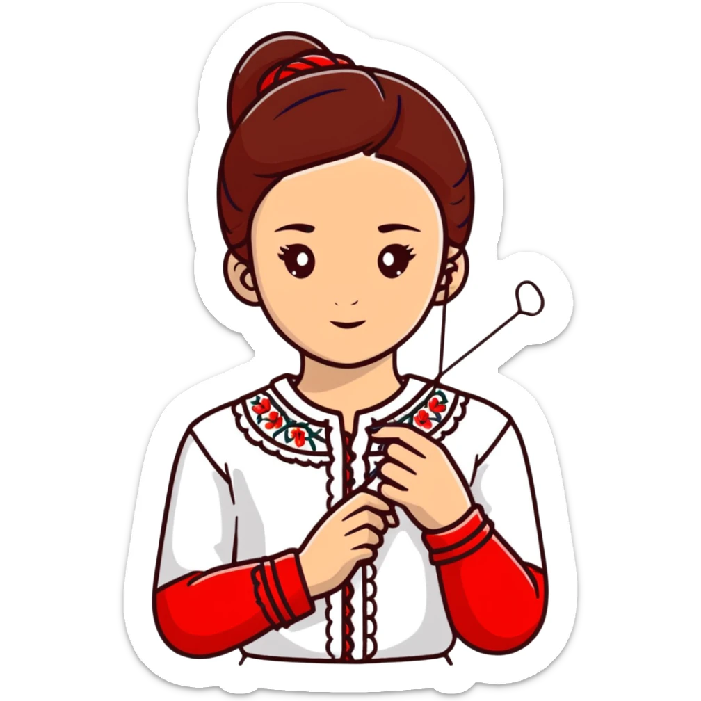 A young Ukrainian girl in a white embroidered shirt holds a red thread and a needle in her hand sticker