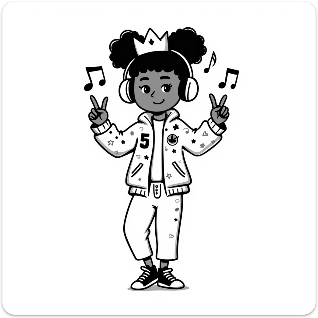classic kids coloring fun style, black-and-white line art of a confident African-American girl with a crown and headphones, peace sign, hip-hop jacket, sneakers, music notes and stars around her, pure line art only, no shading, no borders, no grayscale, no solid black fills, portrait 1024x1536 sticker