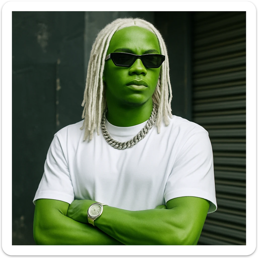 a man with slime green skin, wearing a white shirt, with long white hair, inspired by the look of rapper Nettspend sticker