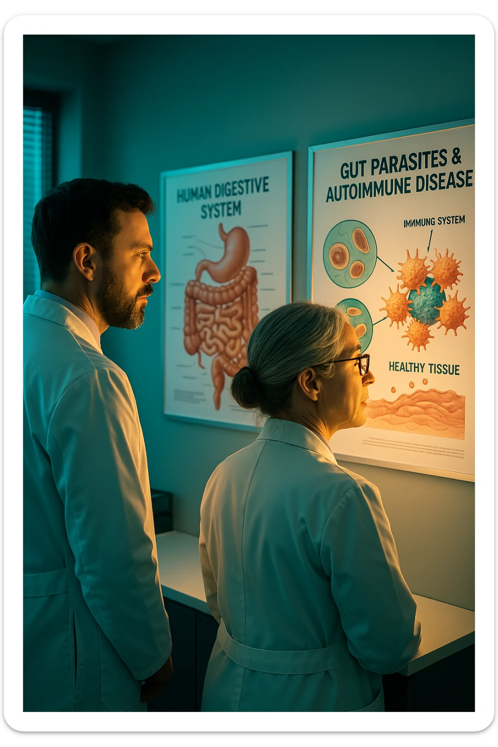 In italiano Realistic, detailed photo taken from behind of two doctors—a bearded man and a middle-aged woman—standing side by side in a modern medical office, intently studying a large, illuminated medical chart on the wall. The chart displays a detailed diagram of the human digestive system, highlighting the intestines and showing microscopic images of intestinal parasites. Next to it, another chart illustrates the immune system attacking healthy tissues, visually connecting gut parasites to autoimmune disease mechanisms. The room is bathed in a single green-blue color, with a warm, yellow-orange light casting soft shadows around the doctors. Both wear white coats and have serious, focused expressions, suggesting a deep discussion about the root causes of autoimmune conditions. Shot with a Canon EOS R5, with high detail, natural depth of field, and a clinical yet dramatic atmosphere. sticker