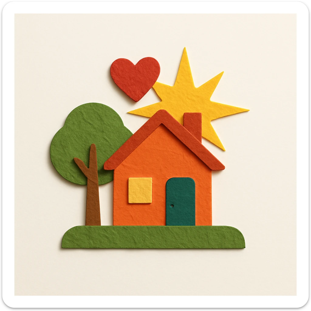 small charming house with a tree, green grass, heart above the roof, golden star shining behind, paper craft style, representing local pride and community rewards sticker