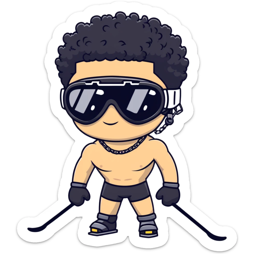 shirtless male athlete with white skin and moderately curly black hair on top with shaved sides, wearing black ski goggles with very dark heavily tinted black lenses that completely hide the eyes, and a simple plain black chain necklace, no earrings sticker