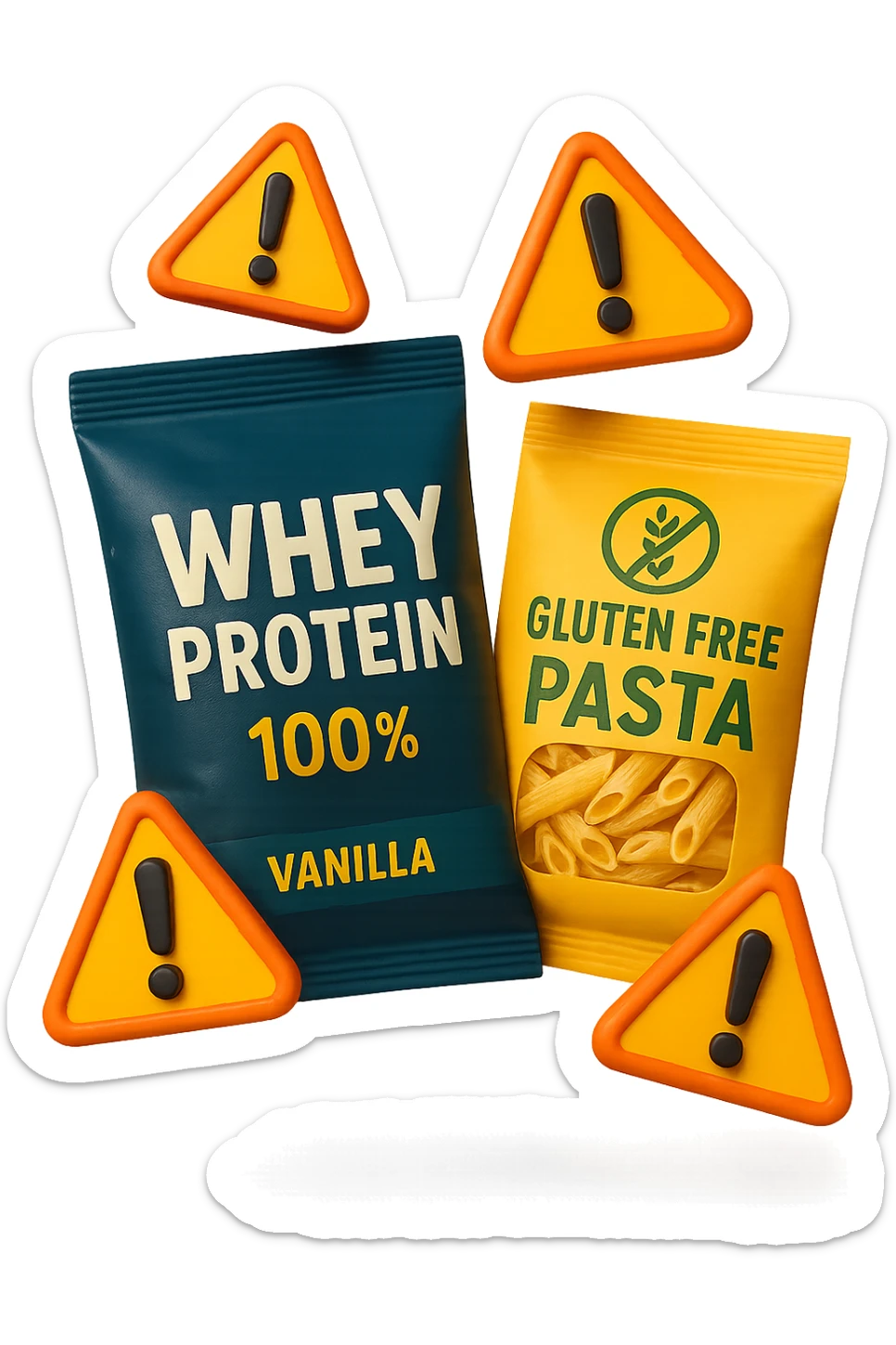 SU QUESTO STILE FAI UN EMOJI STILE IPHONE 3D DI UN pacco di whey protein e un pacco di pasta senza glutine che fluttuano in aria insieme a segnali di pericolo in 3d, FALLO MOLTO REALISTICO IN 3D sticker